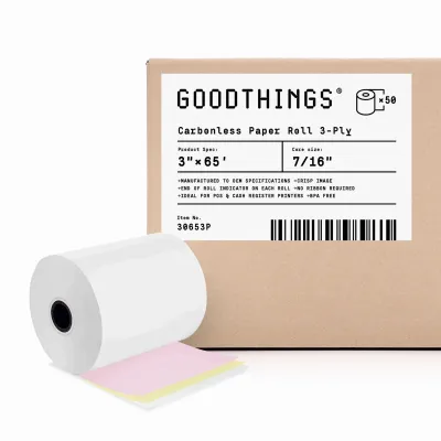 3" x 65' (50 Rolls) 3-ply White / Canary Carbonless Paper Roll (Ribbon Required)