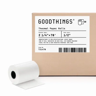 2 1/4" X 70' (50 Rolls) White Thermal Cash Register Paper Roll