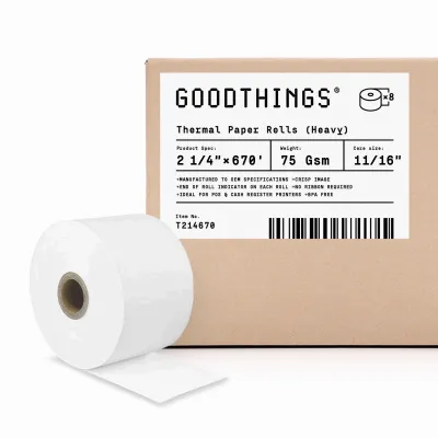 2 1/4" X 670' (8 Rolls) Thermal Paper Rolls, 75 GSM Heavyweight Paper